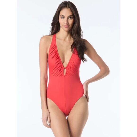 NEW Vince Camuto One Piece Swimsuit Size 10 Coral Open Back Shirred Deep V Swim - Picture 1 of 9